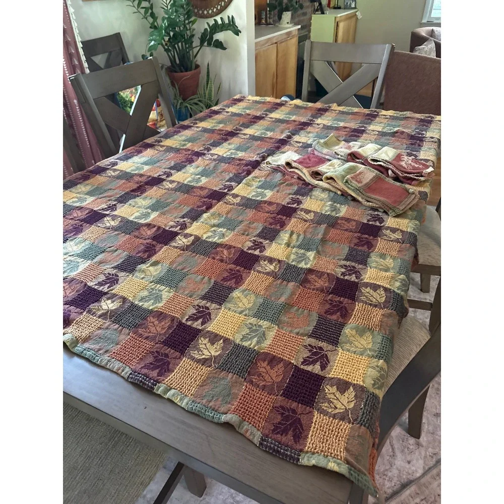 Autumn Leaf Patchwork Woven Jacquard Tablecloth 48x58 8 Napkins Set Earth Tones